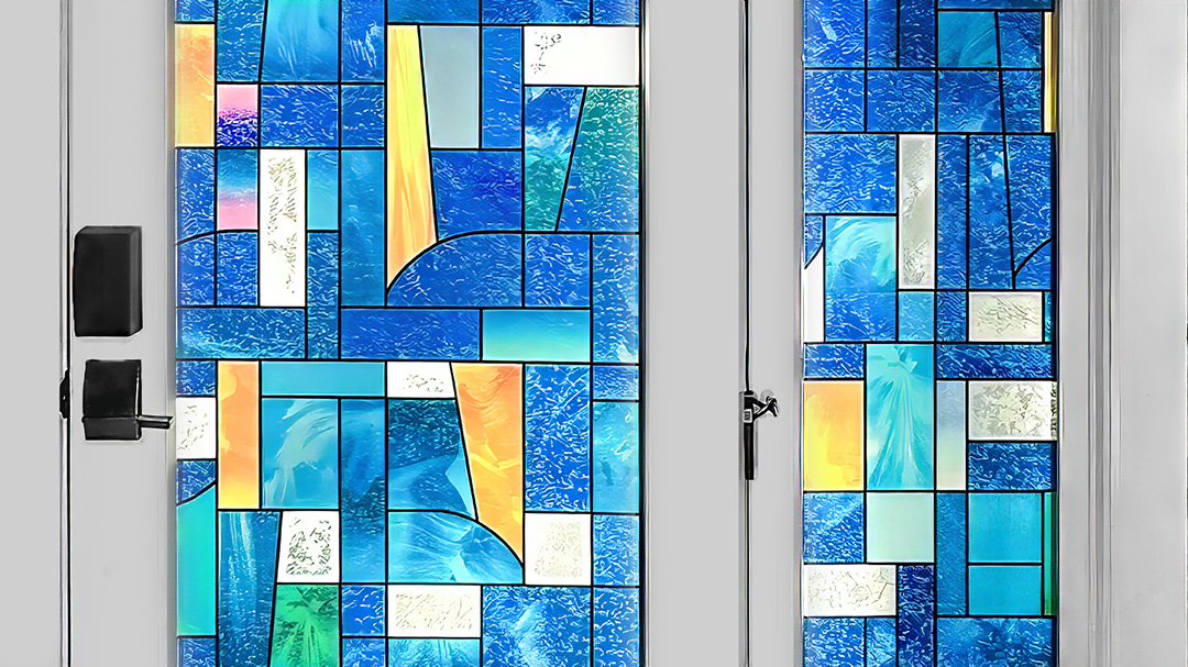 Colored decorative window film installed on glass